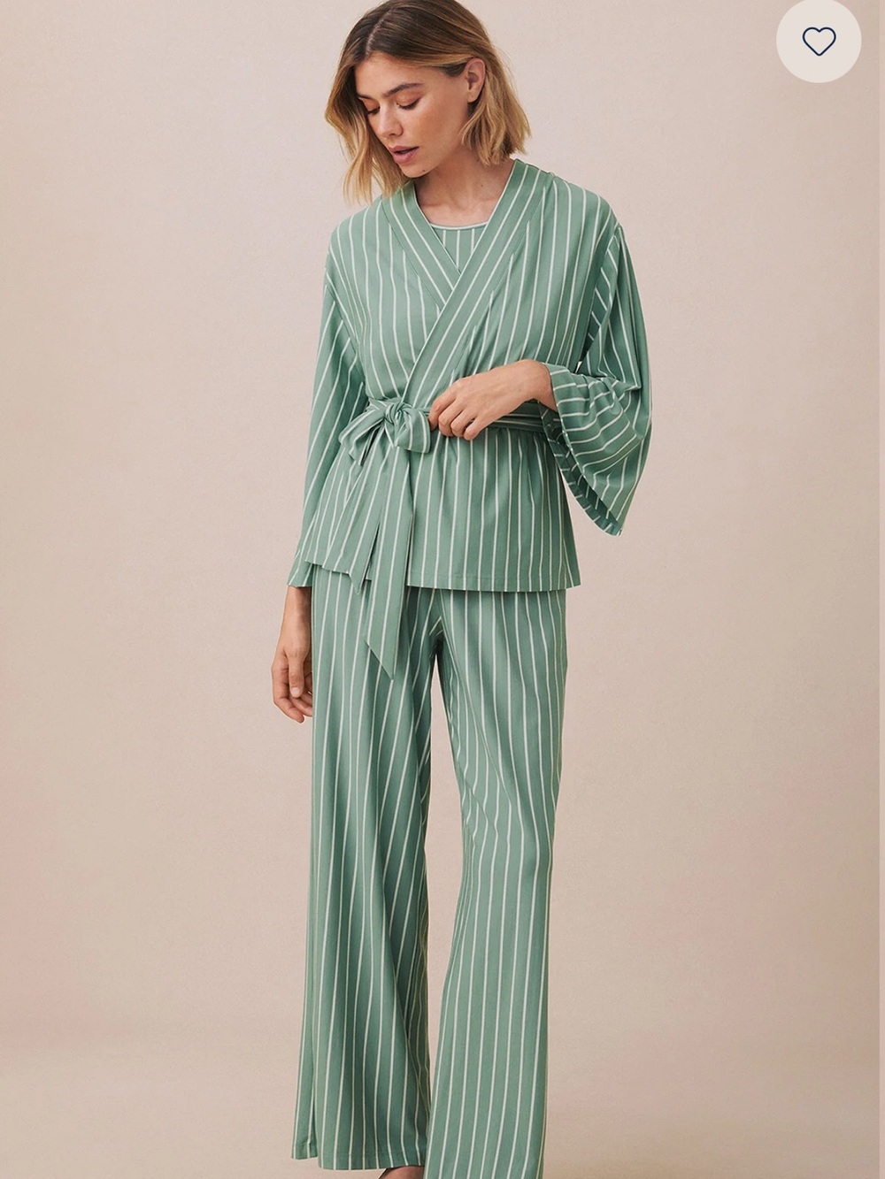Lake- Striped Sage Wrap Pajama Set with Tie Waist